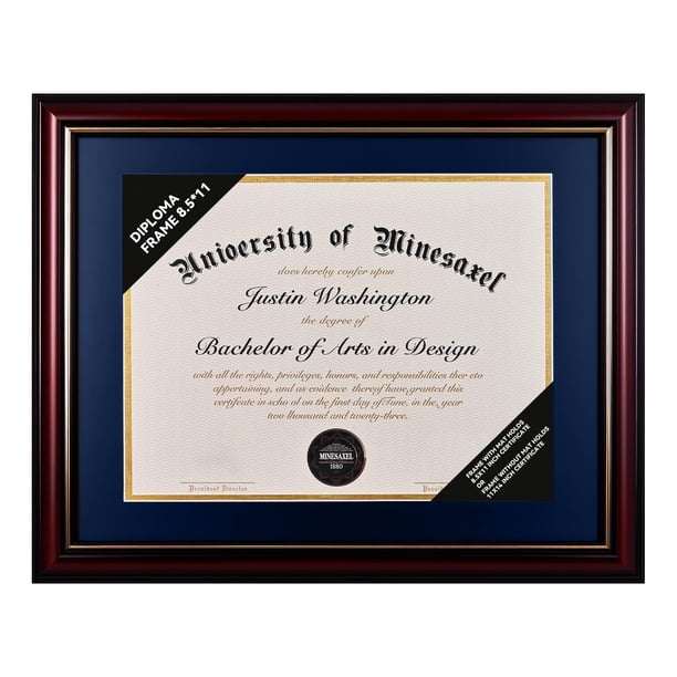 Marco para diplomas GAMYPET de madera maciza de 21 x 29,7 cm con tapete azul marino o 28 x 35 cm