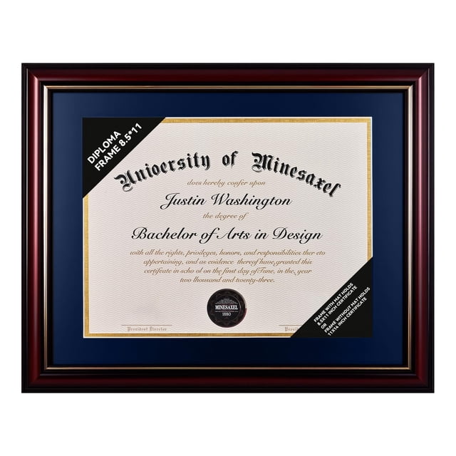 Marco para diplomas GAMYPET de madera maciza de 21 x 29,7 cm con tapete azul marino o 28 x 35 cm