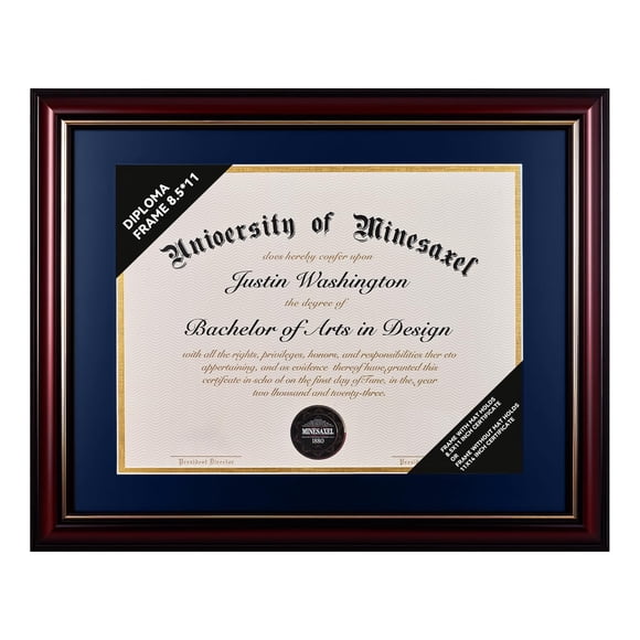 Marco para diplomas GAMYPET de madera maciza de 21 x 29,7 cm con tapete azul marino o 28 x 35 cm