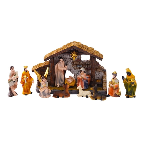 Nativity Figurines with Donkey & Sheep, Resin Holy Family Christmas Scene Indoor Table Holiday Ornament