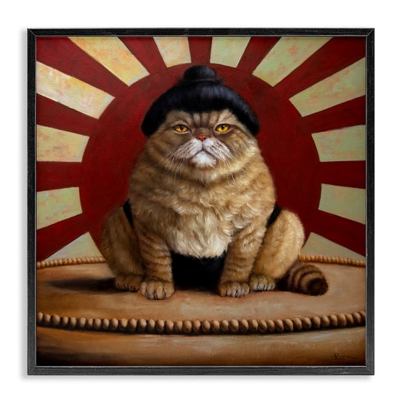 Stupell Industries Traditional Sumo Cat with Sun Rays Black Framed Giclee Art, 12 x 12, by Lucia Heffernan
