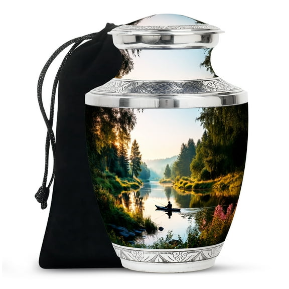 MUKTIVE Fishing Large Cremation Urns for Human Ashes Mom - Nature Burial Urn for Adult Human Ashes for Men - Home Decor Cremains Containers - Handcrafted Memorial Gift for Loss (10 Inch)
