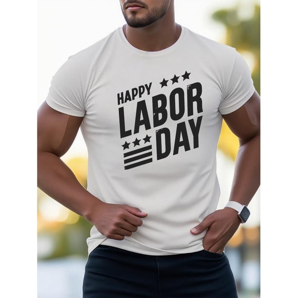 Camiseta patriótica del Día del Trabajo para hombre: Estampado de letras y estrellas "Happy Labor Day", manga corta, corte holgado e informal.