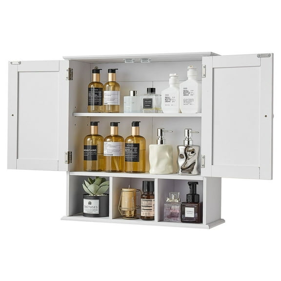 White Wall-Mounted Bathroom Cabinet with 2 Doors, Adjustable Shelf & Open Partitions - Over-The-Toilet Storage Organizer for Bathroom, Laundry Room & Kitchen