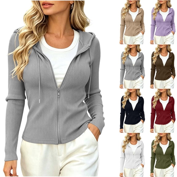 DYTTDG Women's Ribbed Knit Zip-Up Hoodie, Slim Fit Full-Zip Sweater Jacket with Drawstring Hood, Long Sleeve Solid Color Cardigan for Fall