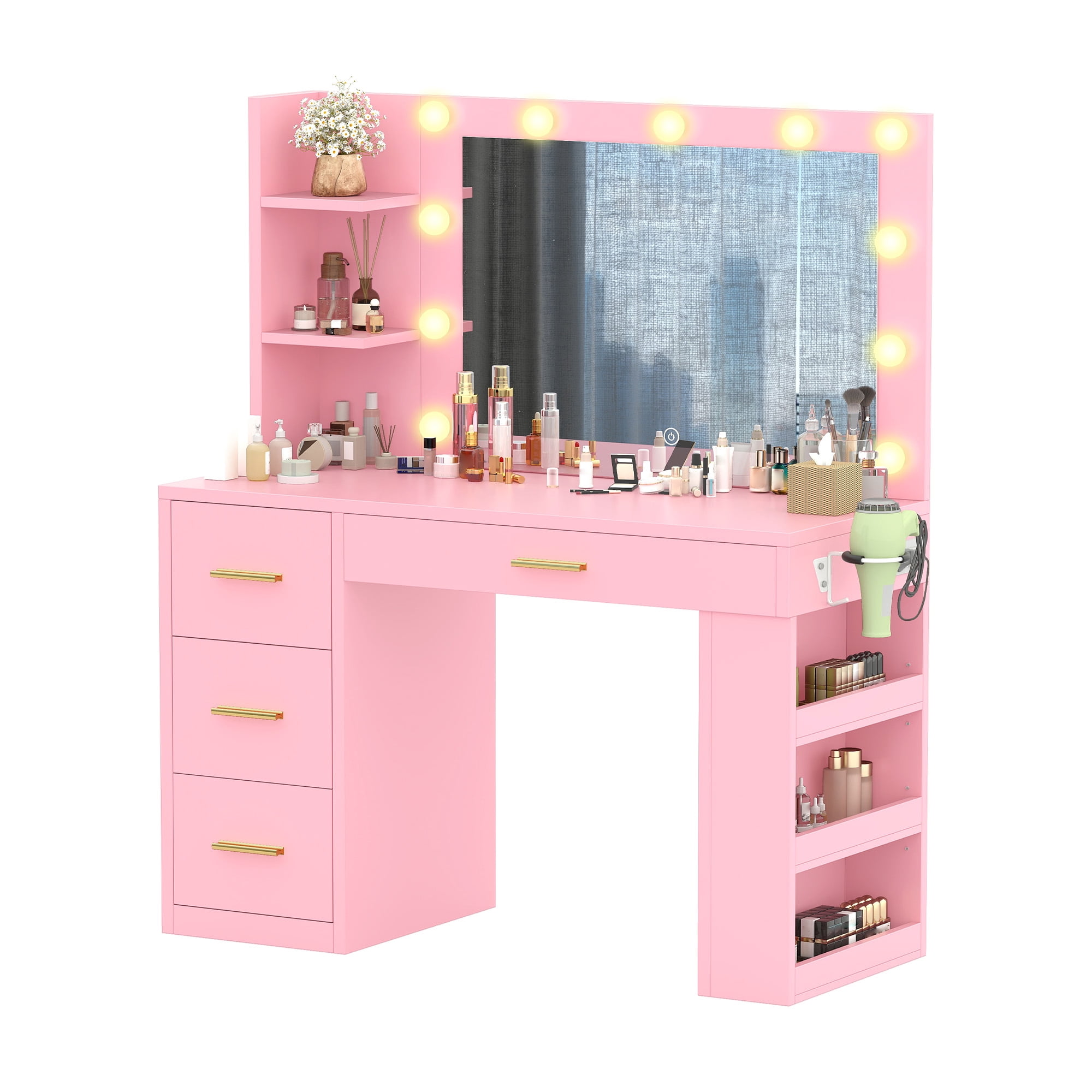 Uforic Makeup Vanity Desk with Mirror & Lights, Vanity Desk with 4 Drawers & Storage Shelves - Pink