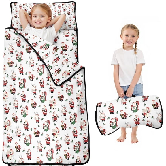 White Christmas Santa Pattern Toddler Nap Mats for Kids Preschool,50"x20" Sleeping Mat Bag or Kids,Toddler Sleeping Bag,Toddler Nap Mat or Daycare