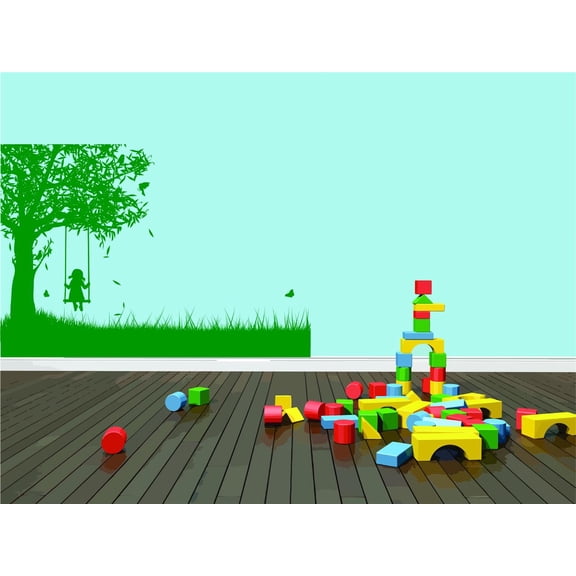 Design With Vinyl Artwork Young Girl Swinging From Tree On Swingset Wall Decal for Girls - Incredible Happiness Children Peaceful Themed Décor - Size: 16 In x 23 In