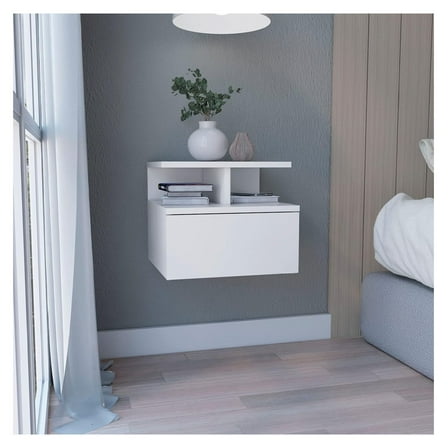 Floating Nightstand 12" H, Wall Mounted with Single Drawer and 2-Tier Shelf, White