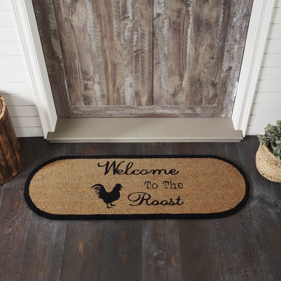 VHC Brands Coir Welcome Door Mat, Entry Rug, with PVC Backing, for Indoor Outdoor Use, Down Home Collection, Oval 17x48 Doormat, Welcome to the Roost, Natural