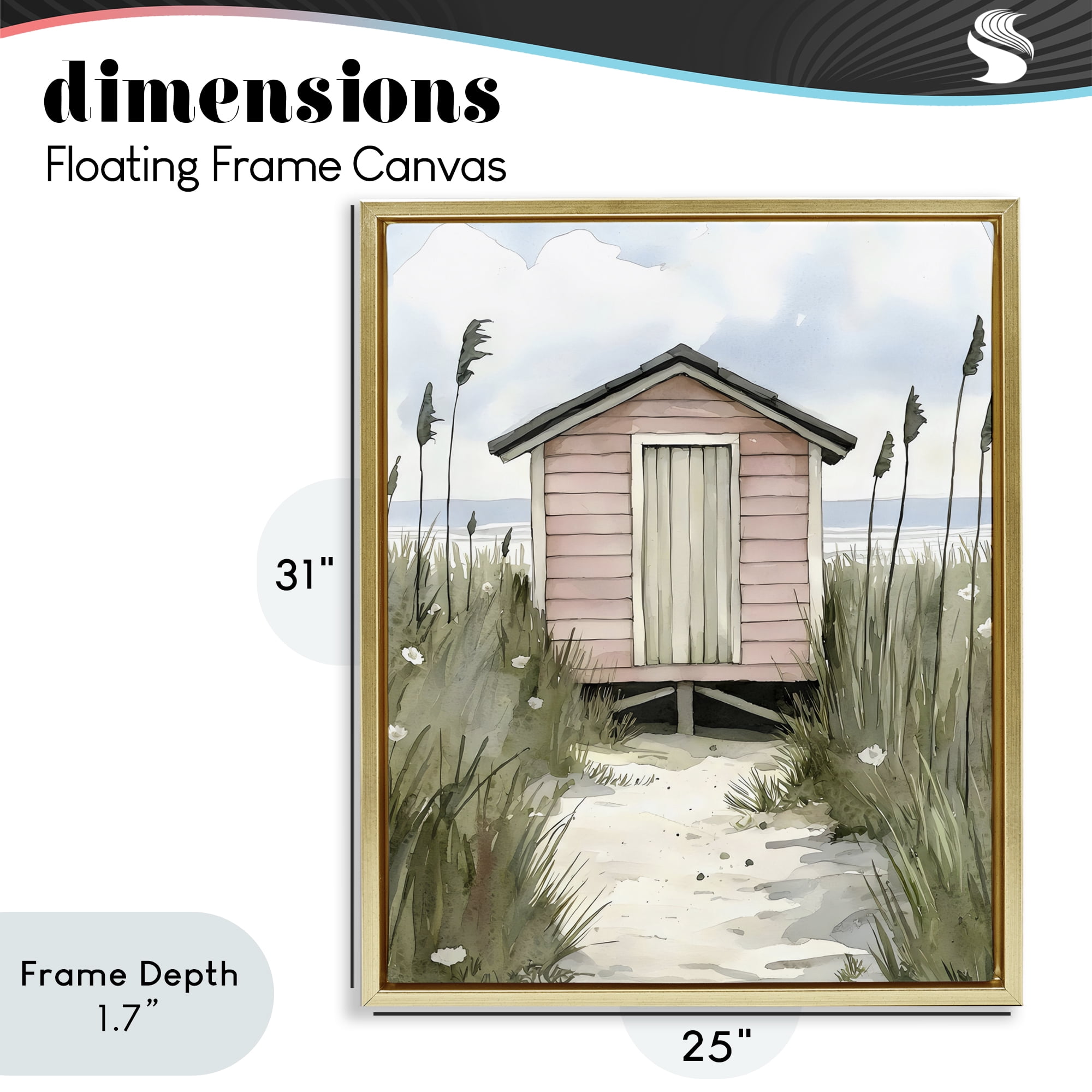Stupell Industries Coastal Calm Pink Beach Hut Gold Framed Floater Canvas Wall Art, design by Riley B
