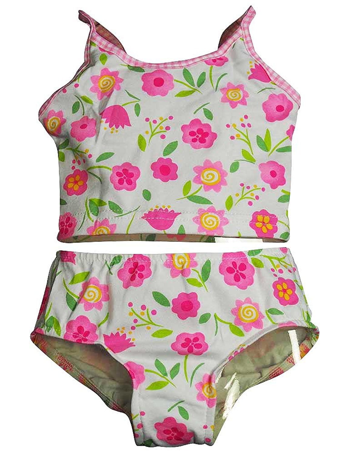 white swimsuit with pink flowers