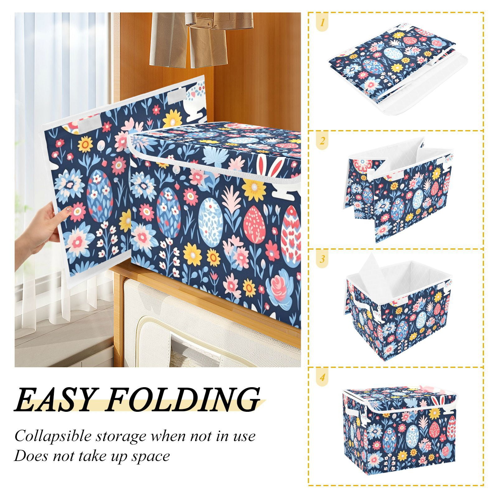 Easter Eggs Flowers Leaves Storage Basket Foldable Laundry Basket Shelf Kids Toy Storage Container Organizer with Handles