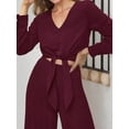 thumbnail image 6 of Weardear Womens 2 Piece Outfit V Neck Long Sleeve Crop Top Wide Leg Elastic Waist Pant Casual Set, 6 of 6