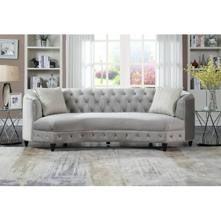 Chic Home Tamika Kidney Shaped Club Sofa Tufted Velvet Down Mix Cushions With Espresso Finished Wood Cone Legs And 2 Accent Throw Pillows Couch
