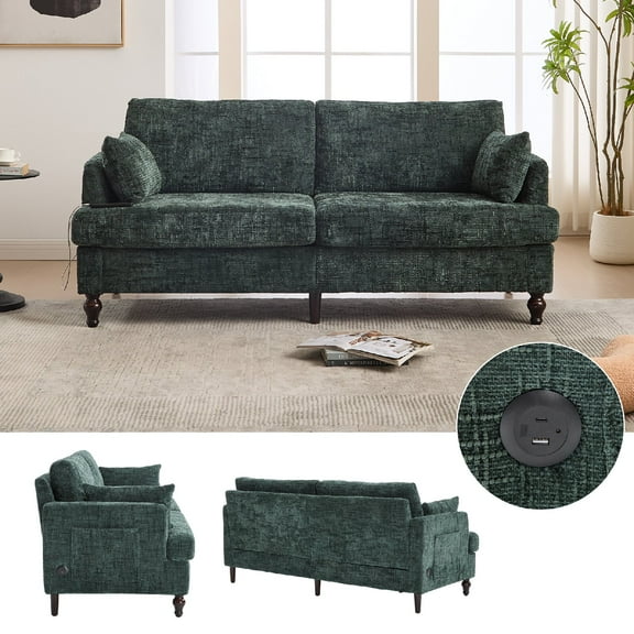 Chenille Upholstered Loveseat Sofa Couch with Charging Station and LED Light,2-seater Comfy Deep Seats Sofa with Side Pocket and Wood Legs for Living Room,Bedroom,Apartment,Small Spaces,Emerald Green