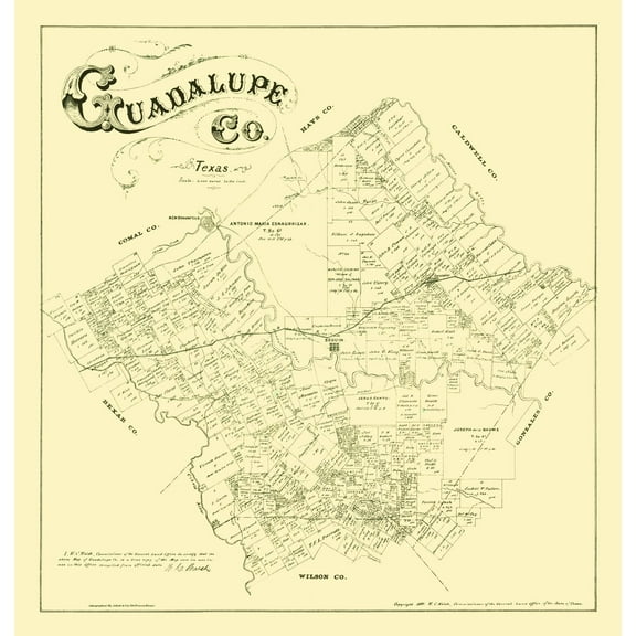 Historic County Map - Guadalupe County Texas - Walsh 1880 - Vintage Wall Art