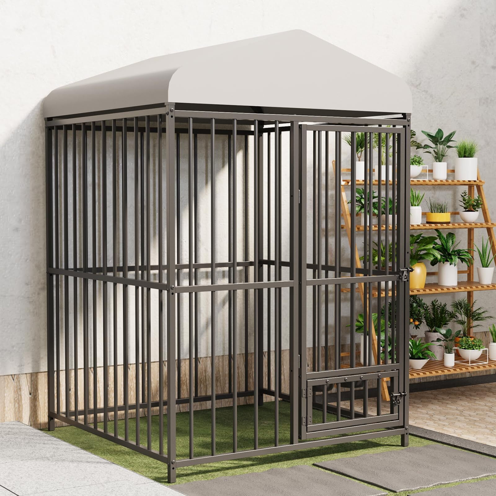 EuKer Outdoor Dog Kennel with Roof, 4x4x6 ft Heavy-Duty Dog Cage W/Safety Locks & Stainless Steel Bowls for Garden, Backyard