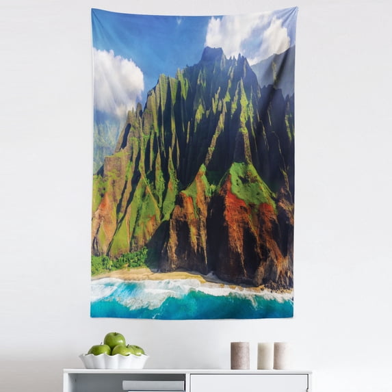 Hawaii Tapestry, Aerial View of Na Pali Coast Kauai Hawaii Mountain Cliff Seacoast Scenic Photo, Fabric Wall Hanging Decor for Bedroom Living Room Dorm, 5 Sizes, Green Brown, by Ambesonne