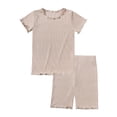 thumbnail image 6 of larppty Girls Shorts Set 2‑Piece Ribbed Knit Summer Outfit Short Sleeve Top & Elastic Waist Shorts Casual Playwear（Pink， 3-4 Years）, 6 of 6