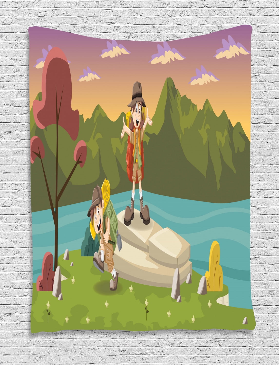 Boy Scout Tapestry Best Friends Go Camping Hiking By The Lake Having Fun Explorer Kids Joy Cartoon Wall Hanging For Bedroom Living Room Dorm Decor 60w X 80l Inches Multicolor By Ambesonne