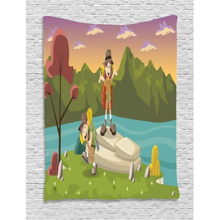 Boy Scout Tapestry, Best Friends Go Camping Hiking by the Lake Having Fun Explorer Kids Joy Cartoon, Wall Hanging for Bedroom Living Room Dorm Decor, 60W X 80L Inches, Multicolor, by
