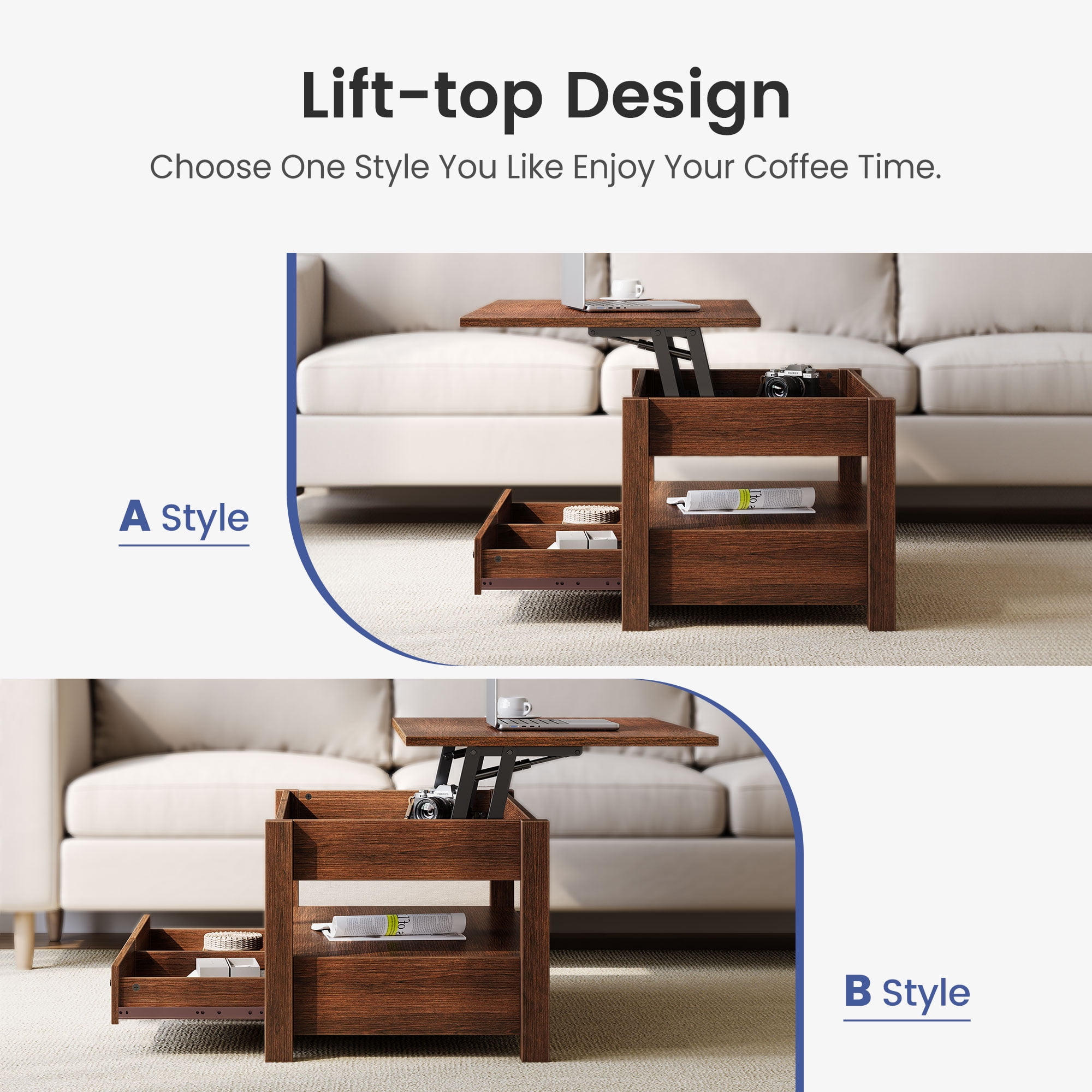 Greenstell Lift Top 39"Wide Coffee Table with 2 Drawers Hidden Storage and Storage Shelf for Living Room, Espresso