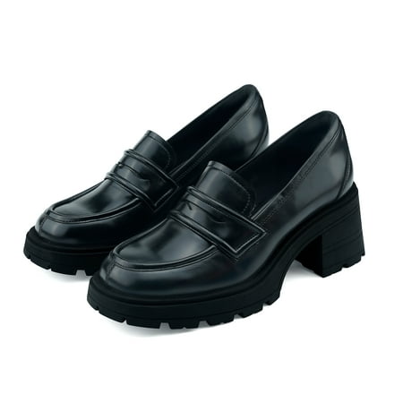 

JENN ARDOR Womens Platform Loafers Chunky Heel Penny Loafer Lug Sole Slip On Round Toe Comfort Dress Work Shoes