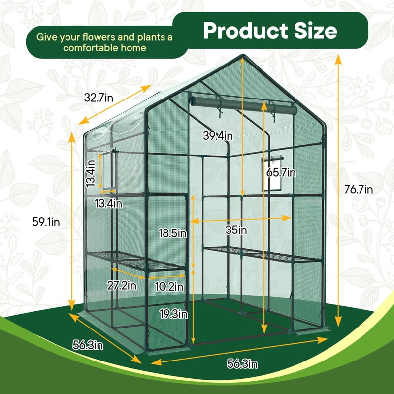 Gianna Mini Walk-in Greenhouse Plant Tent with 5/8" Powder-Coated Steel Frame & 22Lbs Capacity Shelves, Weather-Resistant for Outdoor Gardening, 56.3" x 56.3" x 76.77"，Green