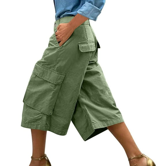 LISTHA Cargo Capris for Women Lightweight Plus Size Baggy Cargo Pants Wide Leg Casual Pants with Pockets Green L
