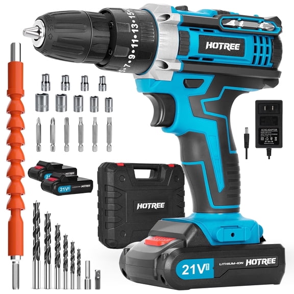 HOTREE 21V Cordless Drill Kit, 3/8" Keyless Chuck, Dual Speed Adjustable, 25 3 Torque Settings, Extensive Driver Accessories