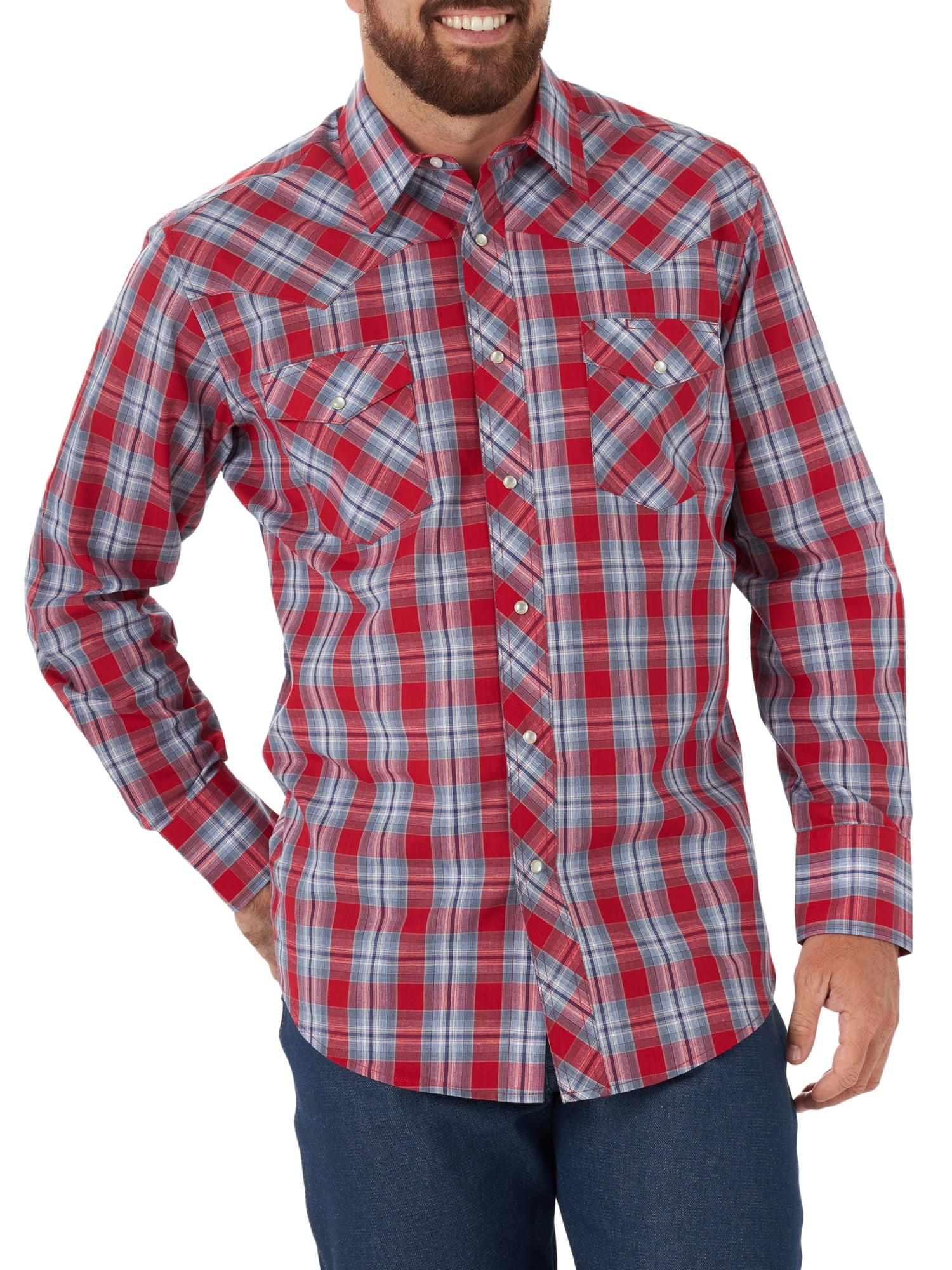 Wrangler Men's Long Sleeve 2 Pocket Plaid Woven Western Shirt 