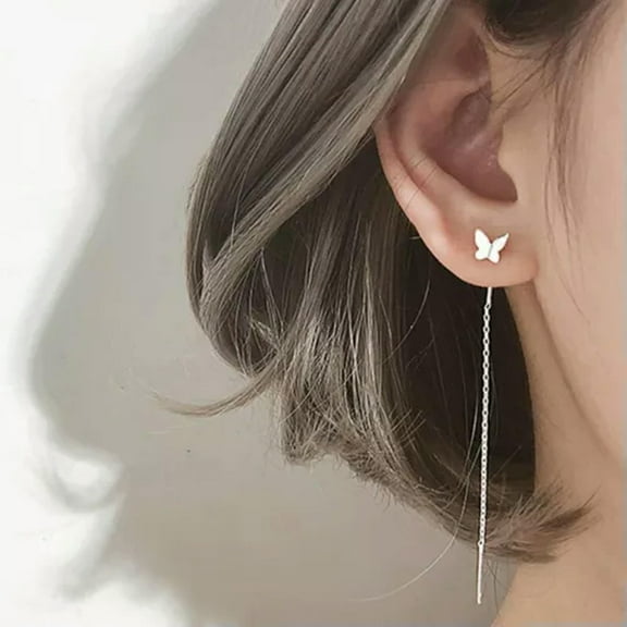 EOEMY Silver Plated Butterfly Tassel Earrings Stud Threader Long Drop Dangle Women-Silver Butterfly