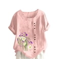 thumbnail image 3 of Pink Women's Short Sleeve T-shirt, Women Floral Print Linen Shirts Short Sleeve Tops Loose Fit Cotton Blouses Trendy 2025 Clothing,Women's Short sleeve T-shirt M, 3 of 8
