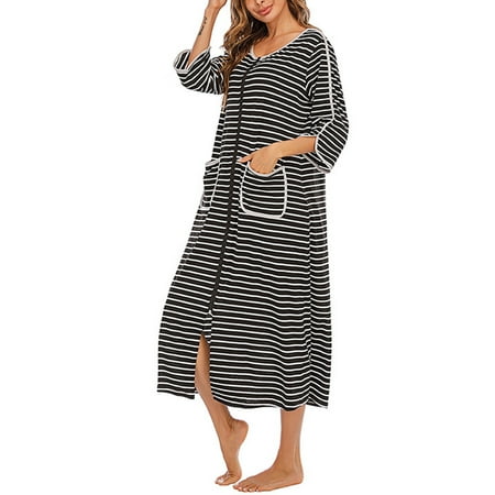 

Striped Nightshirt Pocket Crewneck Nightgown Casual For Home Bedroom Black L