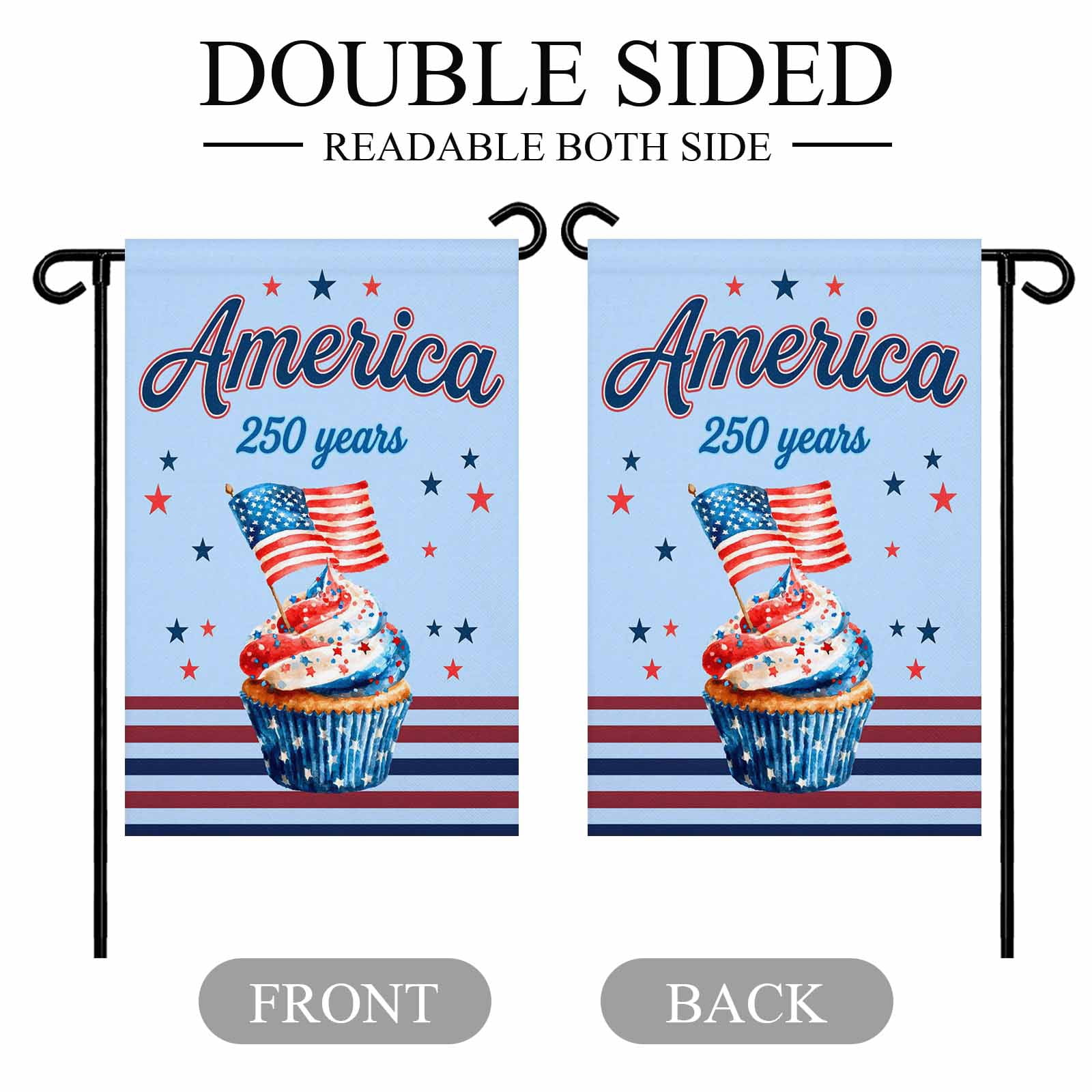 4th of July Garden Flags America 250 Years Garden Flag Double Sided Welcome Flag USA Flag Cupcakes Star Blue Stripes Independence Day Yard Flags for Outdoor Lawn Porch Memorial Day Decor 28x40 Inch