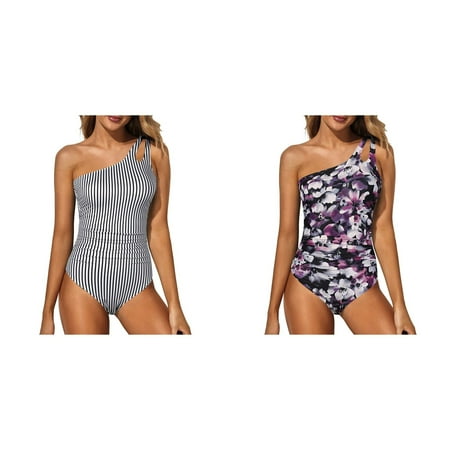 (2-Pack) Women one Shoulder 1 Bikini Piece Swimsuit for Womeny Sheer Bikini Bathing Suits Full Coverage Bikini and Thong Keyhole Swimwear