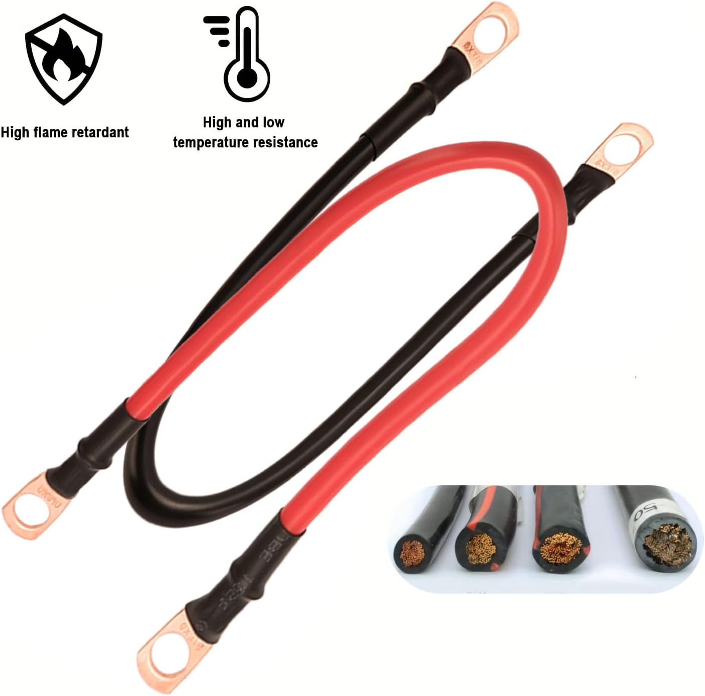 Battery Cable Set with Copper Wires, 12 inches, 6 AWG, 3/8" Lugs, Black & Red, For Motorcycle, Automotive, Marine, Solar, ATV, RV Batteries