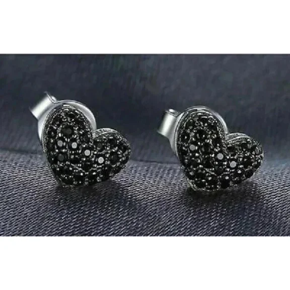 2Ct Round Cut Simulated Black Diamond Women's Heart Stud Earrings 14K Black Gold Finish
