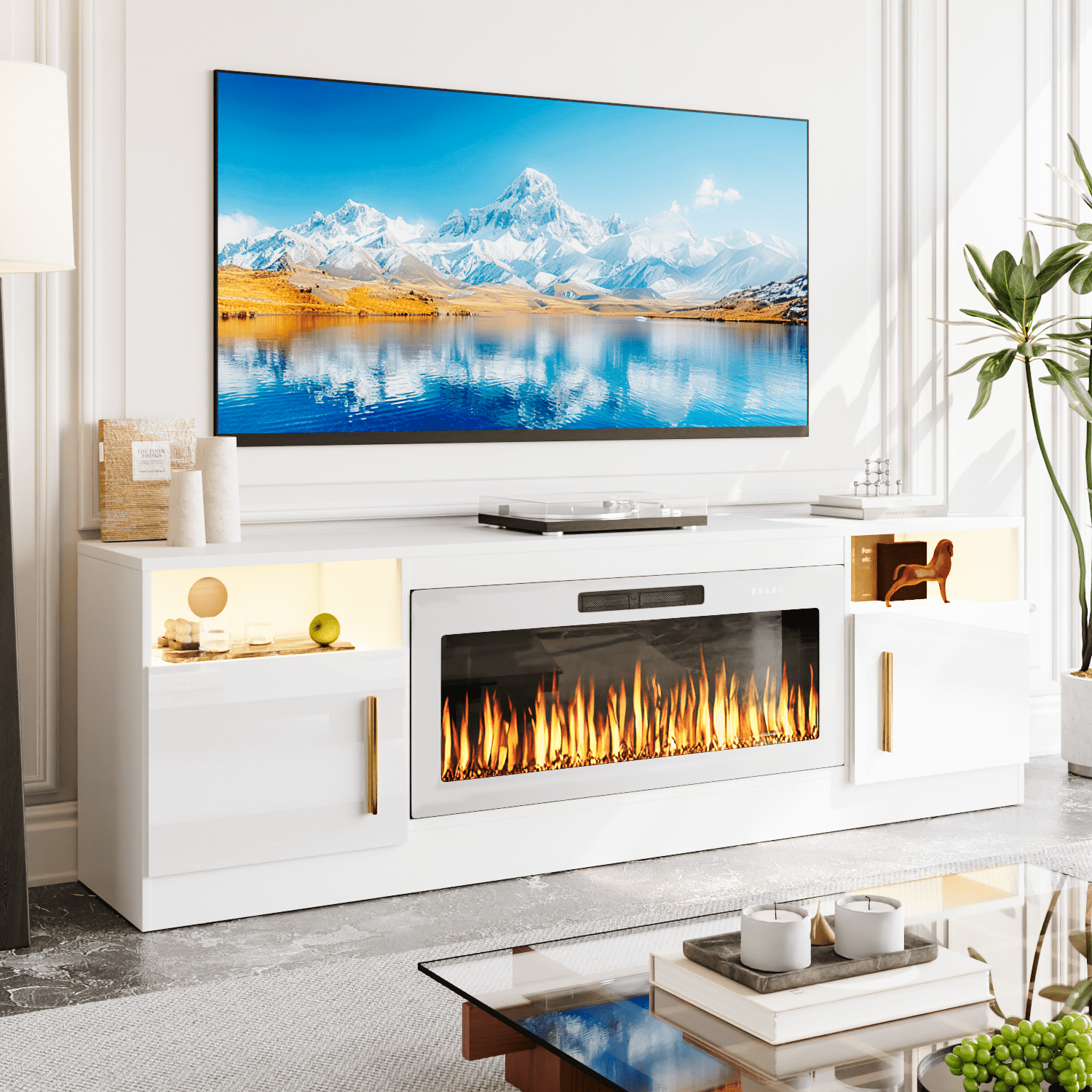 White TV Stand with White Fireplace