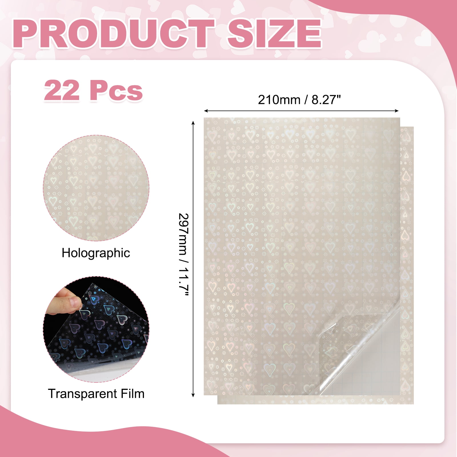 Uxcell 22 Sheets Holographic Sticker Paper, 8.3" x 11.7" Holographic Self-Adhesive A4 Transparent Waterproof Laminate Overlay Film for Photo Cards Scrapbook Decorations(Heart)
