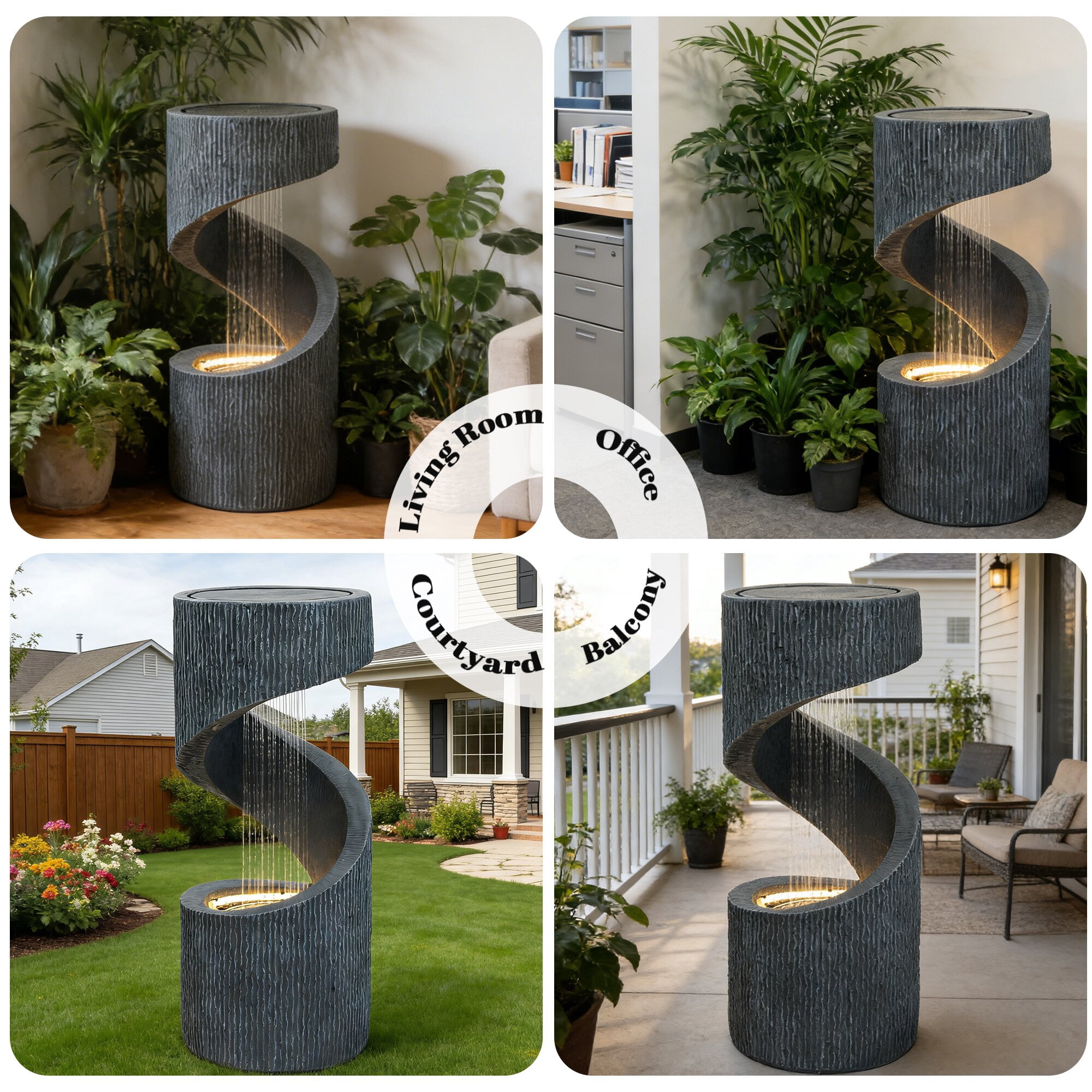 Kaluomm 32" Modern Spiral Column Outdoor Water Fountain with LED Light, Freestanding Resin Waterfall for Patio Garden Decor, Gray