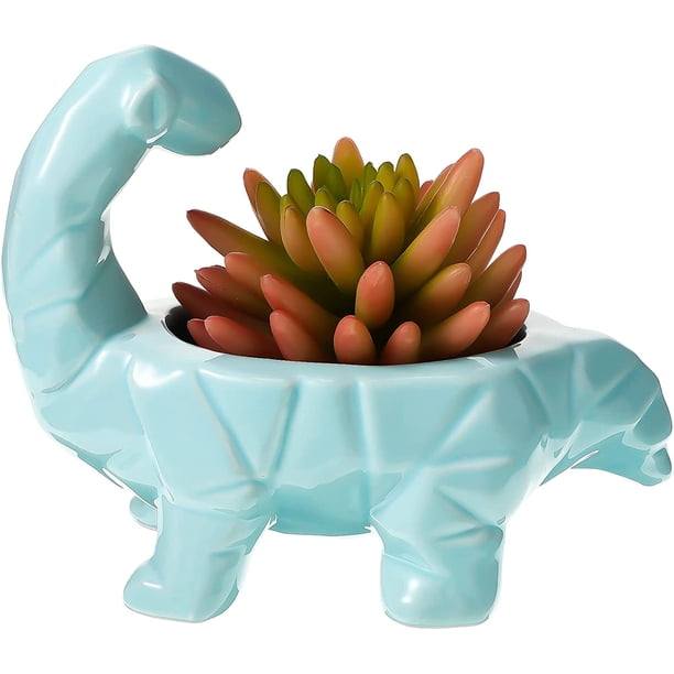 Maceta de cerámica con diseño de dinosaurio para plantas suculentas con orificio de drenaje para decoración de bricolaje en el hogar y la oficina (azul)