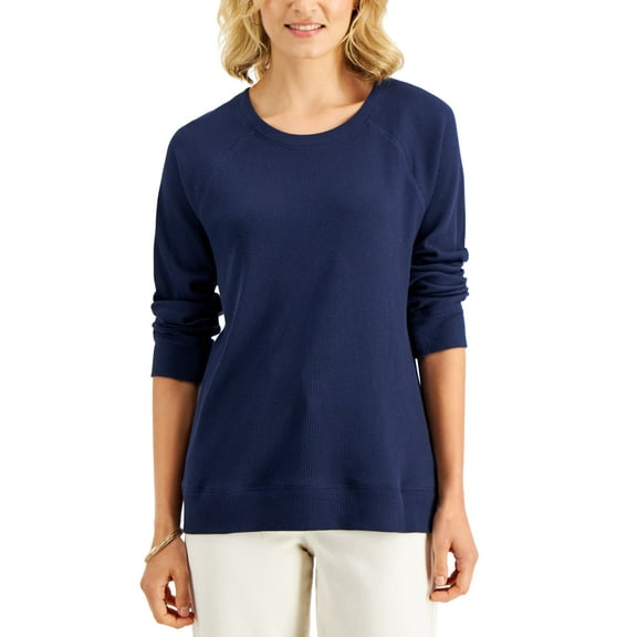 Karen Scott Mini Waffled Crewneck Top Intrepid Blue L