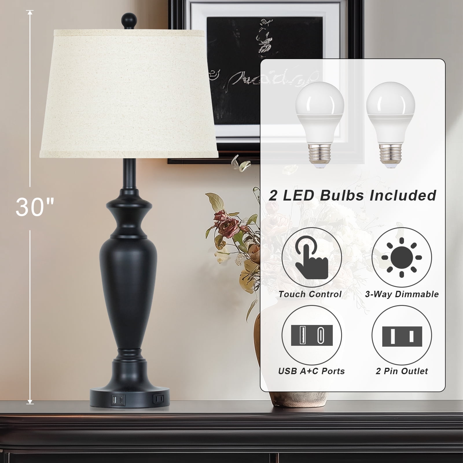 Cinkeda Table Lamps Set of 2 for Bedroom Living Room 3 Way Dimmable Bedside Lamps with 2 USB Charging Ports,30" Tall Metal Touch Control Nightstand Lamp