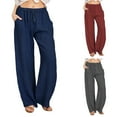 thumbnail image 2 of Utoimkio Women's Cotton Linen Pants Drawstring Elastic Waist Sweatpants Casual Wide Leg Trousers with Pockets Summer Beach Pants for Women, 2 of 6