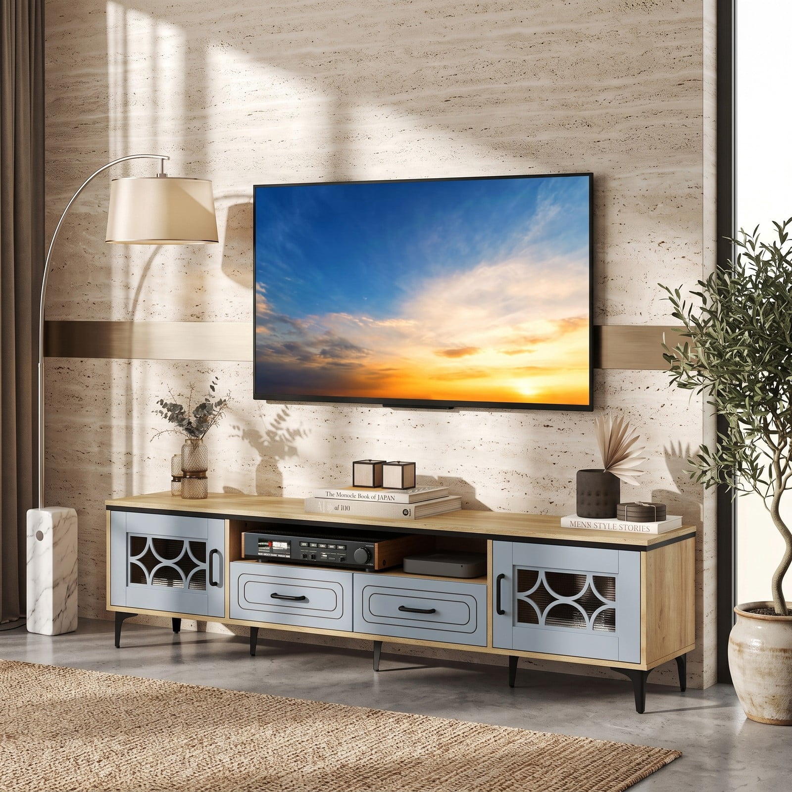 Furnibear Farmhouse TV Stand for TVs up to 80 Inch, 71 Inch Entertainment Center with 2 Drawers, 2 Cabinets & Open Storage Shelf, Wood Media Console, Oak and Gray