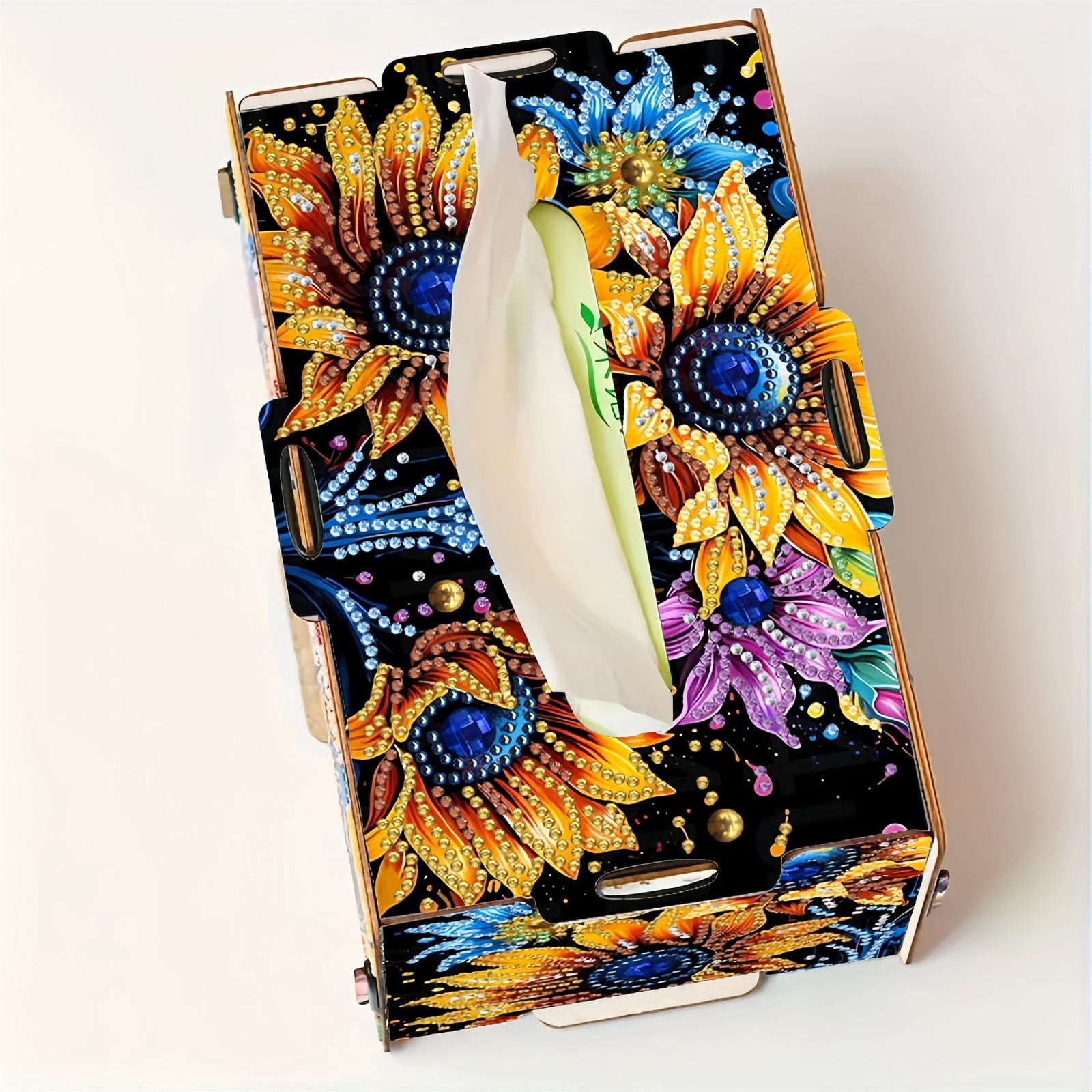 FLOPESN DIY Diamond Art Painting Wooden Assembly Paper Box, 8.86*5.31in, Creative Design Table Decor Rectangular Paper Towel Storage Box-Sunflower
