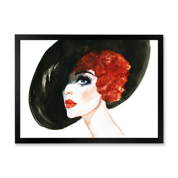 Designart 'Portrait of Woman Red Head Lady In Hat' Modern Framed Art Print
