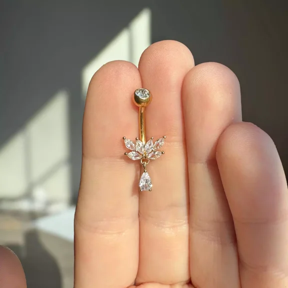 Beautiful 2Ct Pear Cut Lab-Created Diamond Small Dangly Belly Button Ring For Women's 14K Yellow Gold Plated Silver